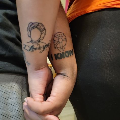 Han And Leia Tattoo, Leia Organa Tattoo, I Love You I Know Tattoo Star Wars, I Love You I Know Tattoo, Star Wars Couple Tattoo, Han Solo Tattoo, Leia Tattoo, Princess Leia Tattoo, Partner Tattoos