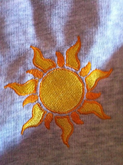 Embroidery Sun Designs, Sun Flower Embroidery Patterns, Embroidery Disney Designs, Disney Embroidery Ideas, Sun Embroidery Design, Sun Embroidery Pattern, Rapunzel Embroidery, Tshirt Embroidery Ideas, Kawaii Embroidery