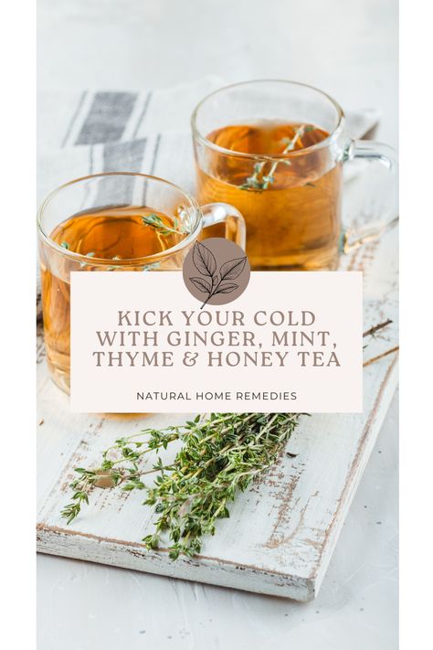 Feeling under the weather? This homemade herbal tea with ginger, thyme, mint, and honey is the perfect natural remedy to help kick your cold. Each ingredient brings its own healing power: ginger to warm and boost circulation, thyme to clear congestion, and mint to soothe the airways. Plus, honey adds natural sweetness and antibacterial benefits. It’s easy to make with ingredients you likely already have in your kitchen. Sip your way to better health! Homemade Herbal Tea Recipes, Thyme Tea Benefits, Learn Herbalism, Homemade Herbal Tea, Tea With Ginger, Remedy For Cold, Herbs For Protection, Medicine Recipes, Witch Apothecary