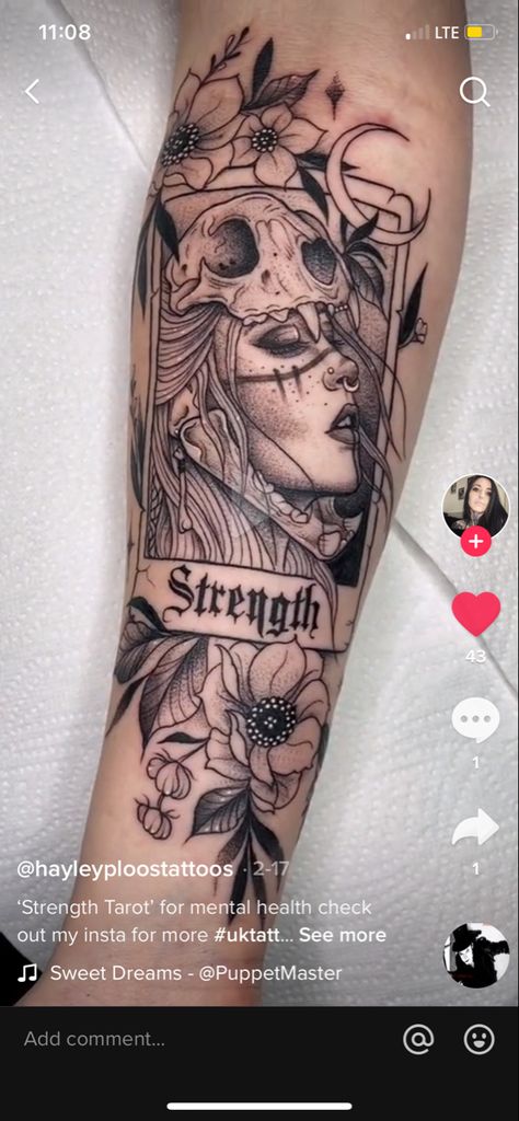 Tarot Half Sleeve Tattoo, Tarot Card Tattoo Women, Tarot Forearm Tattoo, Moon Half Sleeve Tattoos For Women, Partial Sleeve Tattoo Women Forearm, Halloween Tarot Cards Tattoo, Goddess Sleeve Tattoos For Women, Tarot Card Tattoo Design Strength, Half Sleeve Witch Tattoo