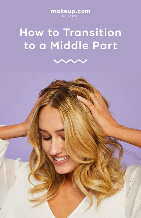 Woman with a middle part & blonde beach curls! Retraining Your Hair Part, From Side Part To Middle Part, Transition To Middle Part Hair, How To Style Center Part Hair, Hair Styles Parted Down The Middle, How To Train Your Hair For A Middle Part, Side Part Hairstyles With Layers, How To Change Part In Hair, Side Or Middle Part Hair