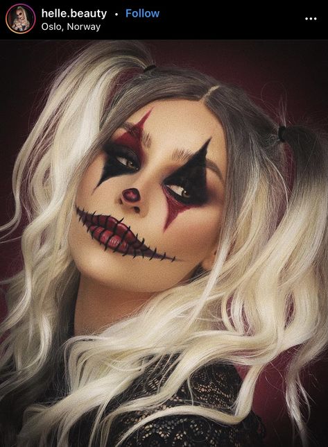 Creative Halloween Makeup Looks Scary, Wolf Makeup Halloween, Jester Makeup Female, Maquillaje De Payaso Mujer, Halloween Lip Makeup, Maquillage Halloween Clown, Fairy Halloween Makeup, Halloween Smink, Creepy Clown Makeup