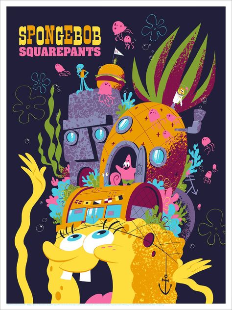 SpongeBob SquarePants Poster by Drake Brodahl from Mondo (Onsale Info) Spongebob Poster, Spongebob Friends, سبونج بوب, Spongebob Square, 동화 삽화, Spongebob Wallpaper, Disney Posters, Cartoon Posters, Spongebob Squarepants