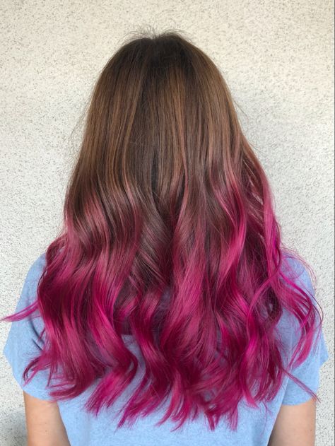 Pink Red And Brown Hair, Hair End Color, Hair Dye Ideas Ends Of Hair, Color On The Ends Of Hair, Hair Color On Ends Of Hair, Dyed Tips On Brown Hair, Pink In Dark Brown Hair, Pink Hair Ends Blondes, Summer Hair Color For Brown Hair