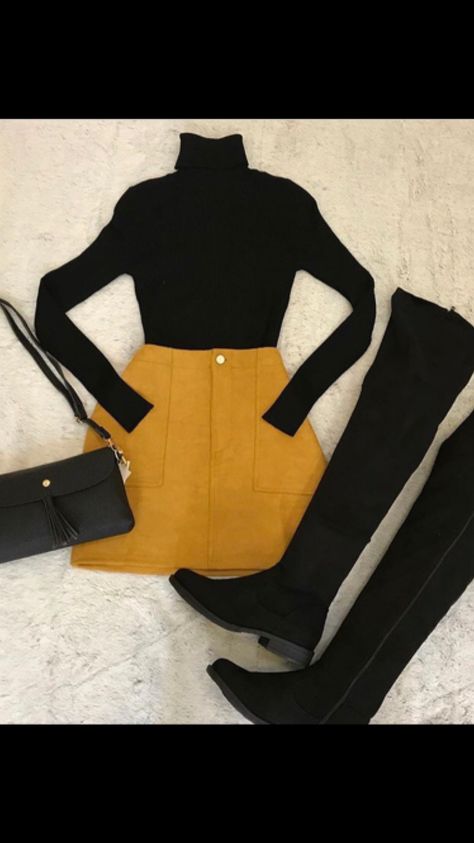 Mustard Mini Skirt Thigh High Boots Turtleneck Long Sleeve Top #fallfashion Mustard Mini Skirt Outfit, Mustard Skirt Outfit Ideas, Mustard Skirt Outfit Winter, Yellow Skirt Outfit Winter, Mustard Yellow Skirt Outfit, Yellow Mini Skirt Outfit, Mustard Skirt Outfit, Skirt Thigh High Boots, Mustard Turtleneck