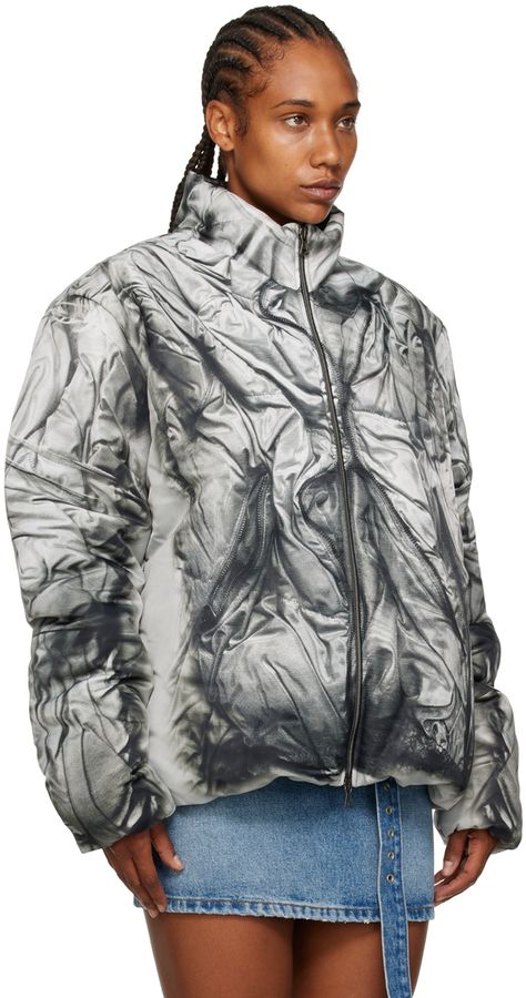 Insulated polyester taffeta puffer jacket. Trompe l'œil graphic printed throughout. · Paneled construction · Stand collar · Two-way zip closure · Seam pockets · Concealed bungee-style drawstring at elasticized hem · Elasticized cuffs · Rubberized logo patch at back collar · Welt pocket at interior · Full taffeta lining Supplier color: White Neighborhood Clothing, Puffer Jacket Outfit, Y Project, Puffer Jacket Women, Print Jacket, Puffer Jacket, Stand Collar, Outerwear Jackets, Jacket Outfits