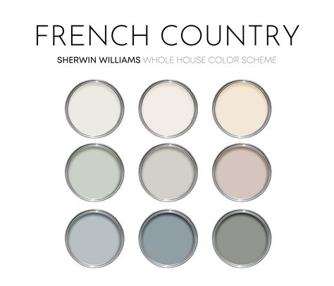 French Country Sherwin Williams Paint Palette, Paint Colors for Home, Cottage Neutrals, Whole House Color Scheme, Sea Salt - Etsy New Zealand French Country Color Schemes, Country Color Scheme, French Country Paint Colors, Country Paint Colors, French Country Color Palette, Farmhouse Paint Colors Interior, Cottage Paint Colors, French Country Colors, Colors For Home