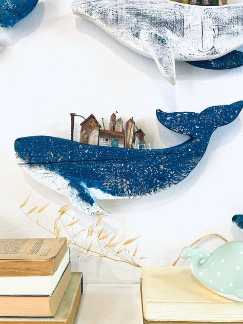 Hey👋 thanks for stopping by 🙂   Big blue reclaimed wood whale, small cottage on whale.Unique, handmade and love made wooden whale wall decoration with small village houses from driftwood and pieces i reuse. Dimensions 50x25 cm  If you need custom size please contact me. Please note that every piece that I make is one-of-a-kind and all pieces can be customized or personalized. Due to the nature of the matterials used, the grain, color and overall surfaces might slightly differ from piece to piece. If you want something made especially for you, you can send me a message and I will make it into a custom order to fit your needs  I'm Sofia and these are my handmade stories! I love to create, remake and reuse old wooden objects. Nature is my big inspiration. I'm from Thessaloniki, Greece and I