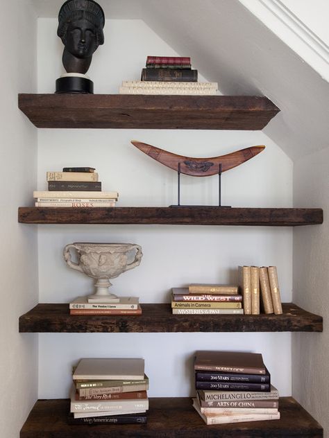 Long floating shelves ~ under the stairs idea Shelves Under Stairs, Dark Wood Shelves, Farmhouse Staircase, Wood Shelves Kitchen, Contemporary Staircase, Reclaimed Wood Shelves, Wood Wall Shelf, Living Room Shelves, Understairs Storage