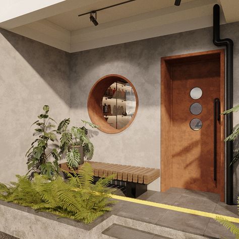 Japandi Facade, Circle Window Design, Small House Videos, Terrace House Exterior, Interior Design Sketchup, Detail Arsitektur, Muji Style, Japandi Home, Contemporary House Exterior