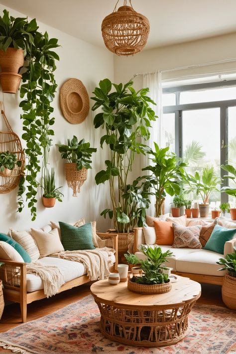 30 Modern Boho Living Room Ideas for 2024 – The Crafty Hacks Plant Wall Living Room, Living Room Plant Wall, Plant Living Room Decor, Boho Small Living Room, Minimalist Bohemian Living Room, Neutral Boho Living Room, White Couch Living Room, Boho Decor Living Room, Mountain Cliff