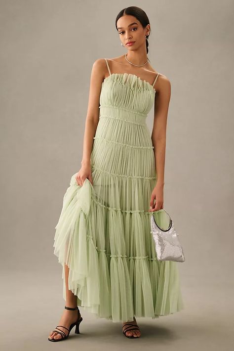 Tiered Tulle Dress, Wedding Guest Outfit Inspiration, Spring Wedding Guest, Bridesmaid Getting Ready, Garden Party Dress, Green Bridesmaid, Guest Attire, Embellished Gown, Green Bridesmaid Dresses