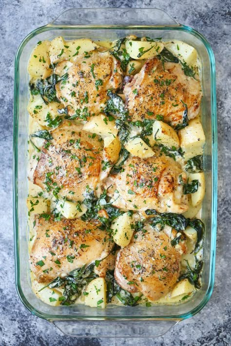 Garlic Parmesan Cream Sauce, Harvest Meals, Night Recipes, Parmesan Cream Sauce, Chicken And Potatoes, Baked Chicken Tenders, Chicken And Spinach, Chicken Potatoes, Garlic Parmesan