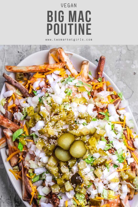 Crispy fries topped with all the fixins of a McDonald's Big Mac, vegan cheese and of course a delicious miso gravy.  #veganrecipes #veganpoutine #poutine #veganbigmac #bigmac #burgerpoutine Vegan Canadian Recipes, Healthy Poutine Recipes, Poutine Recipe Vegetarian, Veggie Poutine, Miso Gravy, Vegan Poutine, Poutine Recipes, Vegan Big Mac, Canada Recipes