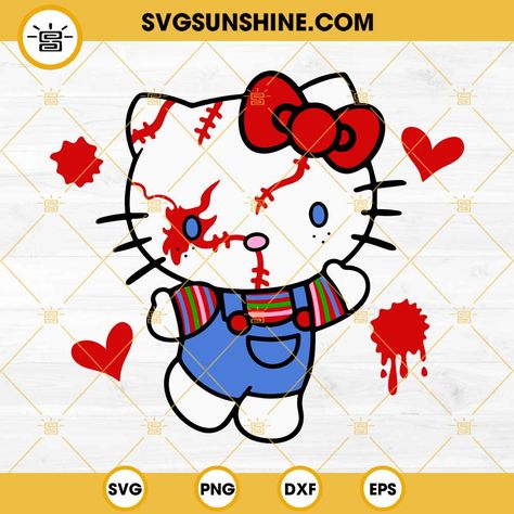 Hello Kitty Chucky Drawing, Hello Kitty Halloween Svg, Chucky Hello Kitty, Hello Kitty Chucky, Navidad Nails, Chucky Svg, Chucky Drawing, Hello Kitty Svg, Halloween Canvas Art