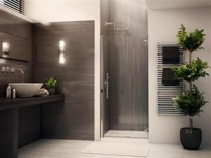 FLEURCO Platinum Kara Frameless Shower Door, modern bathroom design, shower design, lighting, towel hanger, plant decor, stylish sink, shower mat Glass Showers, Pivot Shower Door, Frameless Door, Frameless Shower Door, Pivot Doors, Frameless Shower, Glass Shower Doors, Hardware Finishes, Shower Door