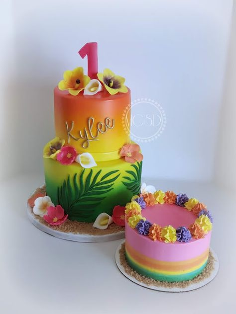 Hawaiian Themed Cake, Tropical 1st Birthday, Luau Birthday Cake, Hawaiian Theme Cakes, Island Birthday, Hawaiian Cake, Hawaiian Party Theme, 21st Cake, Smash Cake Girl