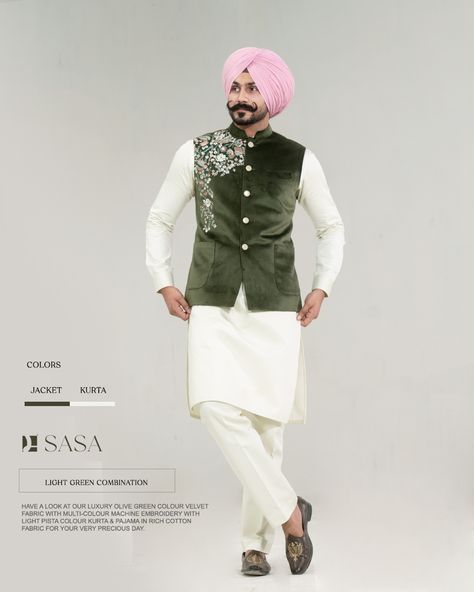 Have a look at our luxury olive green colour velvet fabric with multi-colour machine embroidery with light pista colour kurta & pajama in rich cotton fabric for your very precious day. By SASA Green Traditional Outfit, Pista Colour, Pajama Men, Man Dress Design, Olive Colour, Kurta Pajama Men, Man Dress, Traditional Outfit, Designer Suits For Men