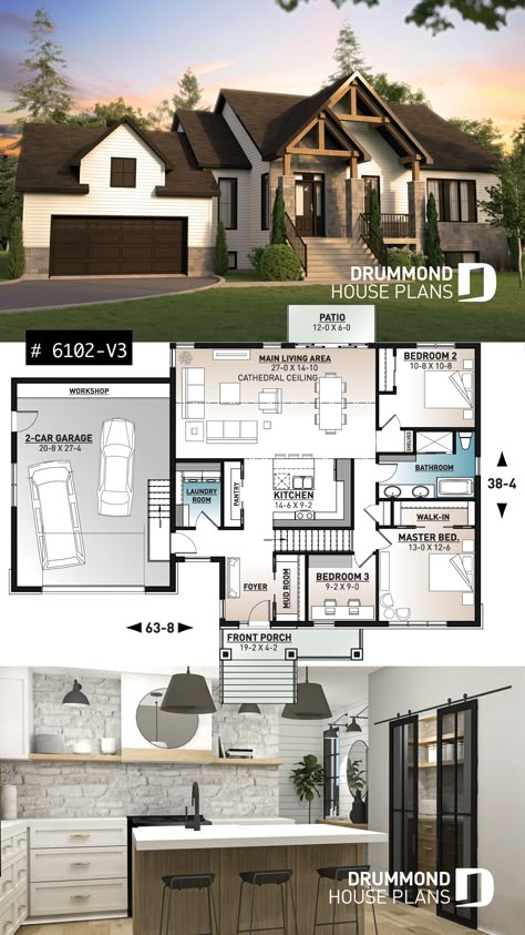 House Interior Plan Design, Farmhouse Bungalow Exterior, Bungalow House Plans With Garage, Bungalow House Exterior, House Plan With Garage, Small Craftsman House Plans, Craftsman Bungalow House Plans, Laundry Pantry, Drummond House Plans