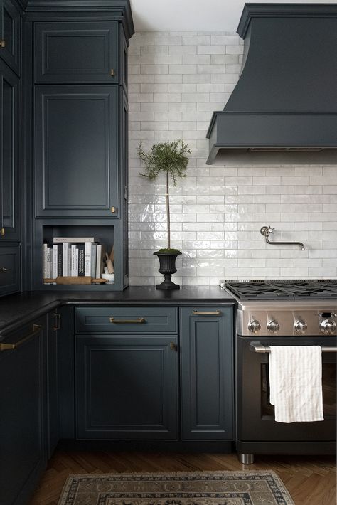 Black Cabinets Black Countertops, Ge Cafe Range, Cabinet Hardware Trends, Kitchen Moodboard, Moody Kitchen, Room For Tuesday, Black Countertops, Bath Renovation, Table Rock