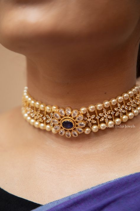 Elegant AD Stone Pearl Choker Set By South India Jewels! Pearl Choker Set, Simple Necklaces, Choker Jewellery, Indian Choker Necklace, Choker Necklace Designs, Fancy Jewelry Necklace, Choker Designs, Pearl Jewelry Design, Pearl Necklace Designs