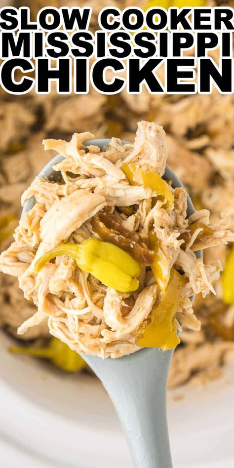 Slow Cooker Mississippi Chicken is a simple 5 ingredient recipe that all you do is dump the ingredients into the slow cooker and let it cook. Come dinner time you have a tender chicken that is perfect for eating as the main dish alone or making Mississippi chicken sandwiches with. Shredded Sandwiches, Casserole Dinners, Mississippi Chicken, Kfc Recipe, Chicken Crockpot Recipes Easy, Easy Crockpot Chicken, Plain Chicken, Pot Roast Recipes, Chicken Dinners