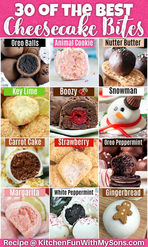 These recipes for Cheesecake Bites are such a huge hit with kids and adults! No-bake cheesecake balls and cups for all seasons and perfect for any gathering. Cake Mix Cheesecake Bites, Cheesecake Truffles No Bake, Easy Mini Cheesecake Bites, Frozen Cheesecake Bites, Kaaskoek Resepte, No Bake Cheesecake Balls, Fall Truffles, Cheesecake Bites Recipes, Cranberry Cheesecake Bites