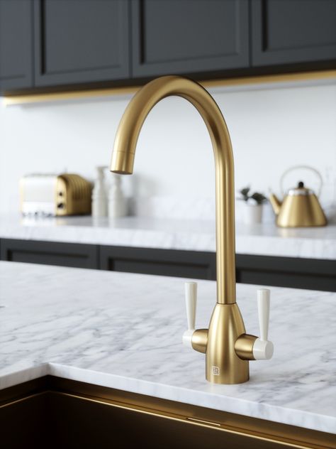 Vibrance brushed gold or brushed brass kitchen taps come with a choice of coloured handles. Brass Kitchen Tap, Ivory Kitchen, Mint Kitchen, Brass Kitchen Sink, Gold Taps, Kitchen Contemporary, Neutral Kitchen, Brass Tap, Sink Mixer Taps