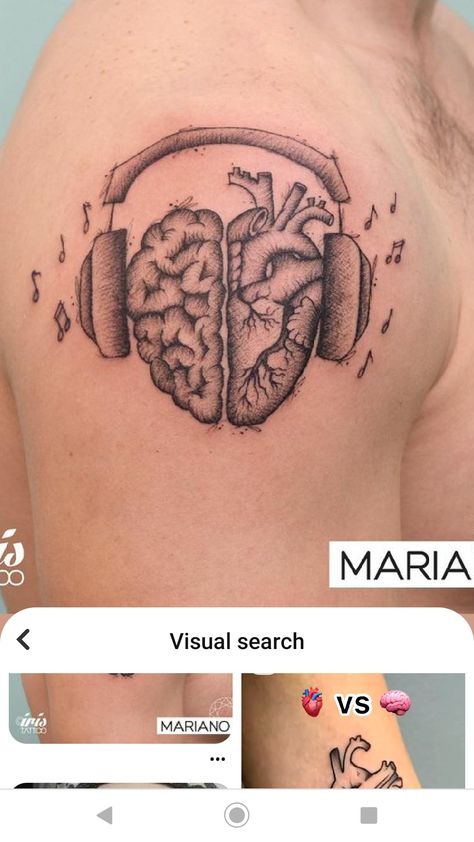 Music Brain Tattoo, Headphone Tattoo Ideas, Heart With Headphones Tattoo, Heart And Music Tattoo, Music Therapy Tattoo, Love For Music Tattoo, Music Patchwork Tattoo, Headphone Tattoo Design, Music Headphones Tattoo