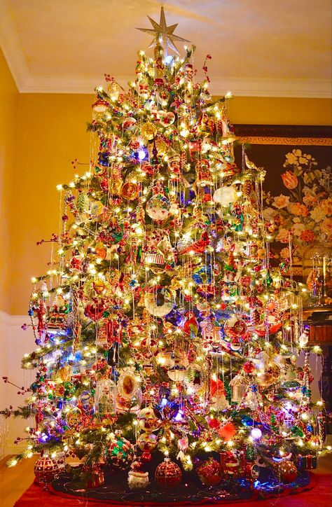 Traditional Christmas Tree Multicolor, Radko Christmas Tree Ideas, Novelty Christmas Tree, Christopher Radko Christmas Tree Ideas, Christmas Tree Ideas Multicolor Lights, 80s Christmas Aesthetic, Christopher Radko Tree, Christmas Tree Multicolor Lights, Christmas Tree Design Ideas