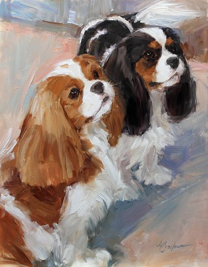 Waiting, Watching and Wagging is sweet pet portrait, dog painting by Lindsey Graham. Cavalier King Charles Dog, Spaniel Art, King Charles Dog, King Charles Cavalier Spaniel Puppy, 강아지 그림, Canine Art, Spaniel Puppies, Animal Painting, Arte Animal