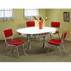 Retro Kitchen Tables for Sale | Where to Find a Great, Wooden Rocking Chair without Paying too Much Retro Dining Room, Retro Kitchen Tables, 1950s Dining Room, Red Dining Chairs, Retro Dining Table, Retro Dining Rooms, Red Chairs, Retro Dining Chairs, Set Meja Makan