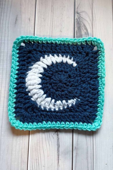 Moon Granny Square Pattern - thecaffeinatedsnail.com Moon Crochet Granny Square Pattern, All In One Granny Square Yarn, Moon Crochet Square Pattern, Crochet Crescent Moon Granny Square, Half Moon Granny Square, Diy Granny Square Blanket, Pentacle Granny Square, Free Crochet Pattern For Granny Square, 6 Inch Granny Square Pattern