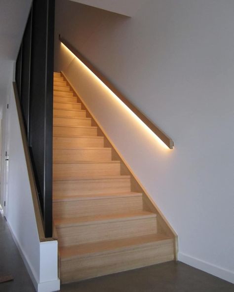 Thirteen Building Group on Instagram: “He's rather handy.. Our director and builder (Simon) made this illuminated LED hand rail, creating a moody feature to this timber…” Handrail With Lighting, Modern Hand Rail Design, Hand Rail Lighting, Handrail With Light, Hand Rails For Stairs Modern, Illuminated Staircase, Led Handrail, Amazing Basements, Led Stairs