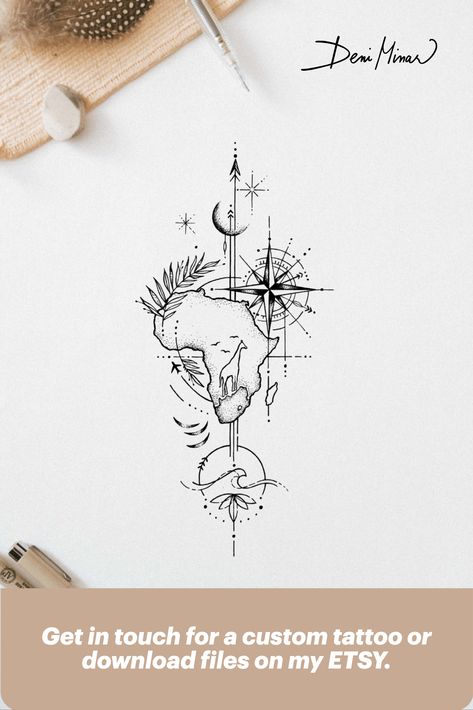 Travel tattoo set - Africa tattoo, map tattoo with giraffe is a delicate line drawings by a Slovak artist Deni Minar. This elegant artworks was created for all travel lovers and explorers. Open for commissions - Get in touch via Instagram if you would like your own personal drawing. This post is about - Tattoo ideas, Tattoo art, beautiful tattoo, travel tattoo, tattoo for women, africa tattoo, compass tattoo, nature art, nature lovers. #tattooidea #tinytattoo #lotustattoo #linedrawing #tattooart African Silhouette Tattoo, Africa Compass Tattoo, Africa Silhouette Tattoo, Creative Art Tattoos, South Africa Tattoos For Women, Beautiful Nature Tattoos, Africa Inspired Tattoos, Dubai Tattoo Ideas, Back Nature Tattoo