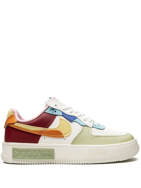 Air Force 1 Fontanka sneakers from Nike featuring multicolour, leather, signature Swoosh logo detail, contrasting panel detail, round toe, front lace-up fastening, logo-embroidered tongue, branded insole and rubber sole. These styles are supplied by a premium sneaker marketplace. Stocking only the most sought-after footwear, they source and curate some of the most hard to find sneakers from around the world.. | Nike Air Force 1 Fontanka sneakers Colorful Airforce, Color Block Sneakers, Nike Colorful Shoes, Colorful Nikes, Colorful Tennis Shoes, Colorful Sneakers Women, Colorful Nike Shoes, Nike Fontanka, Nike Air Force 1 Fontanka