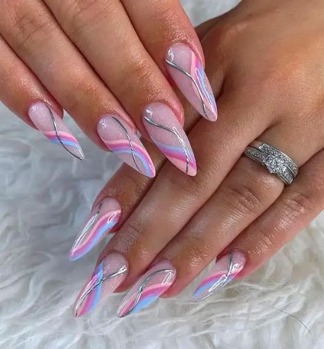 Glitterbels Nails, Shimmer Nails, Nail Type, Blush Nails, Almond Nails Designs, Blue Nail Designs, Almond Nail, Vacation Nails, Spring Nail Art