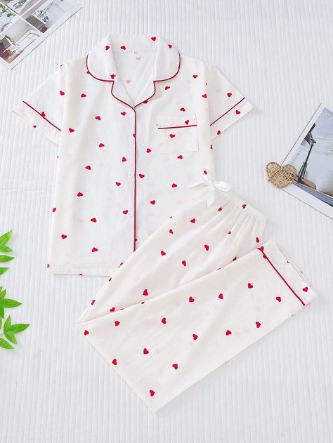 2pcs/Set Minimalist Heart Print Women Lounge Pajama Set, Short Sleeve Lapel Cardigan And Loose Pants, Casual Sleepwear & Homewear For All Seasons White Cute,Cute-Funny    Geometric,Fruit&Vegetable,All Over Print Pant Sets Non-Stretch All Women Sleep & Lounge, size features are:Bust: ,Length: ,Sleeve Length: Shein Nightwear, Casual Sleepwear, Cotton Pajamas Women, Lounge Pajamas, Fairy Fashion, Pantalon Large, Pants Casual, Loose Pants, Grey Women