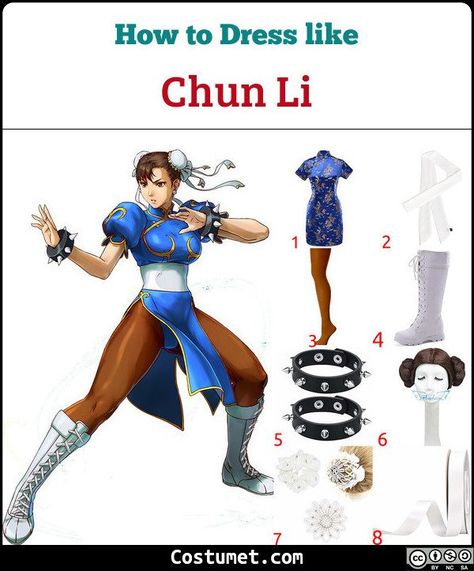 Chun Li’s costume includes a blue cheongsam paired with brown tights and white boots. She wears a spiked bracelet. She has two hair buns.           #StreetFighter #female #games #martialartist #Chinese #StreetFighter Streetfighter Chun Li, Chun Li Makeup, Two Hair Buns, Street Fighter Costumes, Chun Li Costume, Fighter Costume, Blue Cheongsam, Chun Li Cosplay, Street Fighter Cosplay