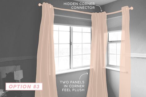 Emily Henderson Corner Window. Sketch 3 Curtains Living Room Corner Window, Two Corner Windows Bedroom, Corner Window Office Ideas, Corner Bedroom Windows, How To Hang Curtains In A Corner, Window Treatments Corner Windows, Corner Window Treatments Bedroom, L Window Curtains, Curtains In Corner Window