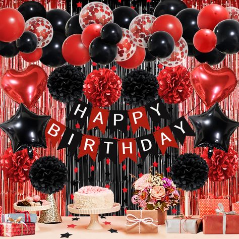 PRICES MAY VARY. What You Will Get: 1 x HAPPY BIRTHDAY banner, 4 x red paper pompoms, 4 x black paper pompoms, 2 x star foil balloons, 2 x heart foil balloons, 1 x balck fringe curtain, 1 x red fringe curtain, 1 x paper garland, 14 x black balloons, 8 x red confetti balloons, 6 x red balloons, 1 x balloon arch strip, 40 x glue point stickers. Red Black Birthday Party: It is a dream come true for party planners and hosts looking to create a magical and memorable celebration. With its enchanting d Red And Black Birthday Party, Red Birthday Decorations, Black Birthday Party Decorations, Black And Red Birthday, Black Balloon Arch, Black Birthday Party, Red Confetti, Red Birthday Party, Dance Party Birthday