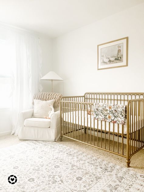 Gold Iron Crib Nursery, Rod Iron Crib Nursery, Gold Crib Nursery Gender Neutral, Nursery With Gold Crib, Traditional Nursery Ideas, Nursery Gold Crib, Baby Nurseys, Metal Crib Nursery, Iron Crib Nursery