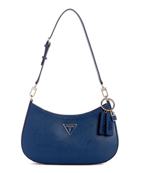 PRICES MAY VARY. Interior features 1 zip pocket and 3 card slots Shiny gold hardware l: 11.5" w: 2.75" h: 7" Gold Shoulder Bag, Y2k Bags, Guess Shoulder Bag, Navy Handbag, Navy Blue Purse, Logo Triangle, Navy Blue Bag, Concert Fit, Dream Bags