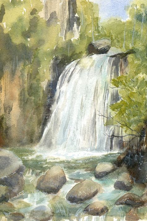 Waterfall Watercolor Tutorial, Waterfall Oil Pastel Drawing, Watercolor Pond Landscape Paintings, Water Fall Watercolor, Landscape With Waterfall, Nature Watercolour Painting, Water Fall Painting Easy, Watercolor Pond Painting, Watercolor Forest Paintings