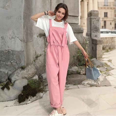 Dopamine Colorful Overalls with Drawstring Waist, Wide Leg Straight Work Pants Design Colorful Overalls, Preppy Aesthetic Outfits, Summer Overalls, Straps Jumpsuit, Outfit Korean, Pink Jumpsuit, Elastic Waist Pants, Pants Design, Harajuku Fashion