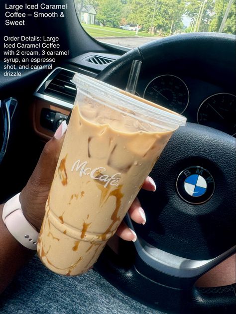 A hand holding a McCafé cup with iced coffee and extra caramel drizzle, in a car setting. Mcdonald’s Ice Coffee, Mcdonalds Coffee Order, Caramel Machiatto Iced, Mcdonald’s Coffee, Mcdonalds Iced Coffee Order, Mccafe Iced Coffee, Dunkin Iced Coffee Order, Coffee Recommendations, Dunkin Orders