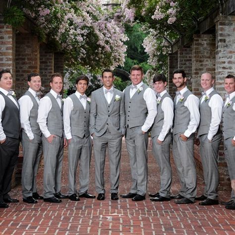 Have groomsmen wear vests instead of jackets Groomsmen Attire Grey, Grooms Suits, Groomsmen Vest, Wedding Groomsmen Attire, Groomsmen Grey, Groom Wedding Attire, Groomsmen Outfits, Groom And Groomsmen Attire, Wedding Suits Groom