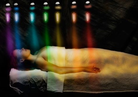 Color Light Therapy on all the chakras at one time. Chakra Light Therapy, Color Therapy Healing, Reiki Room, Vibrational Medicine, Chakra Cleanse, Healing Room, Spa Ideas, The Chakras, Healing Vibrations