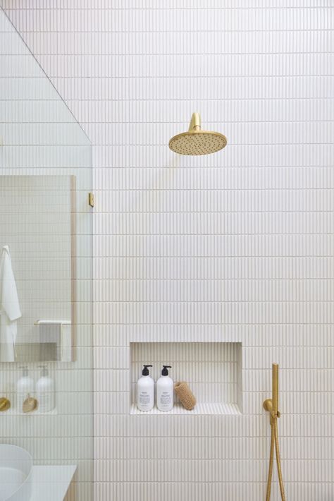 Timeless And Fun Bathroom, The Block 2022 Bathrooms, Bathroom The Block, Straight Stack Tile, The Block Bathrooms, In Suite Bathroom, White Bathroom Wall Tiles, Tiled Bathroom Walls, Bathroom Tile Combinations