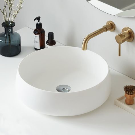 Cpingao Bathroom Sink Matte White Stone Resin 17.7'' Round Bathroom Vessel Sink, Above Counter Vessel Sink Basin with Pop-up Drain (White) : Amazon.co.uk: DIY & Tools Sink Above Counter, Round Bathroom, Sink Basin, Bathroom Safety, White Sink, Vessel Sink Bathroom, Vessel Sinks, Bathroom Sinks, Bathroom Sink Vanity